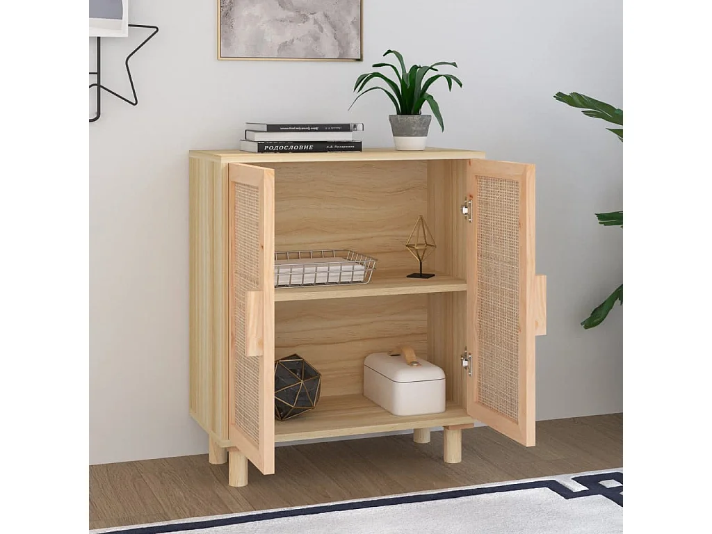 Buffet Marron 60x30x70 cm Bois de pin massif et rotin naturel