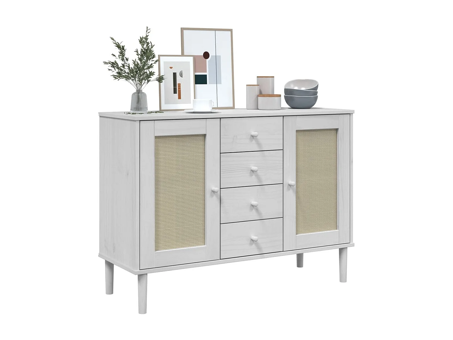 Buffet SENJA aspect rotin blanc 112x40x80cm bois massif de pin