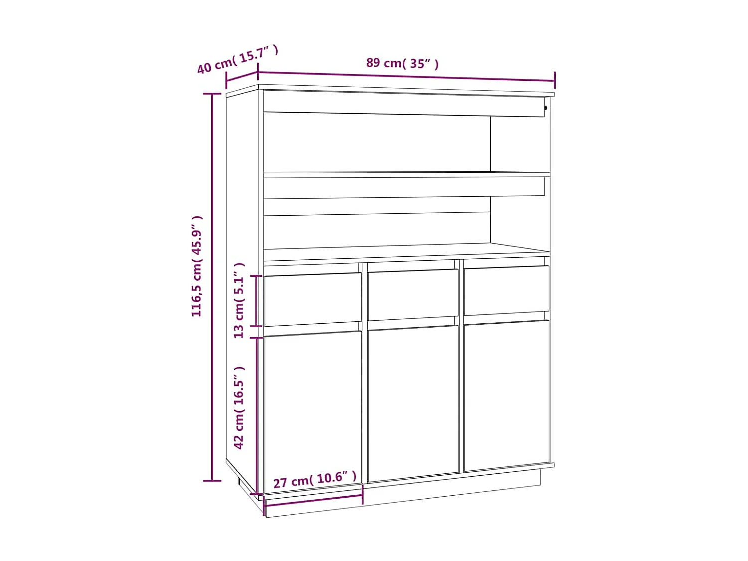 Buffet haut Blanc 89x40x116,5 cm Bois massif de pin