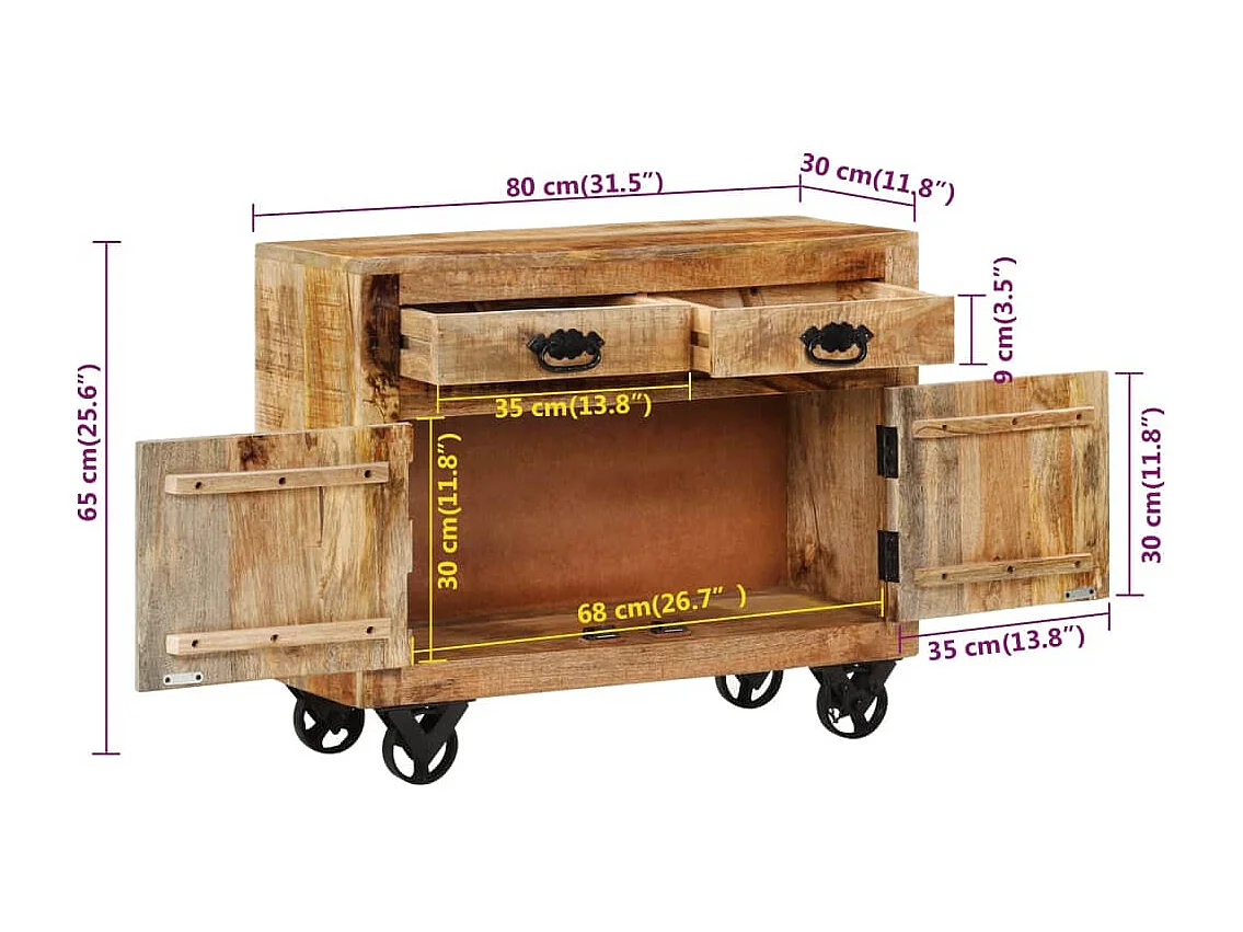 Buffet 80x30x65 cm bois de manguier brut massif