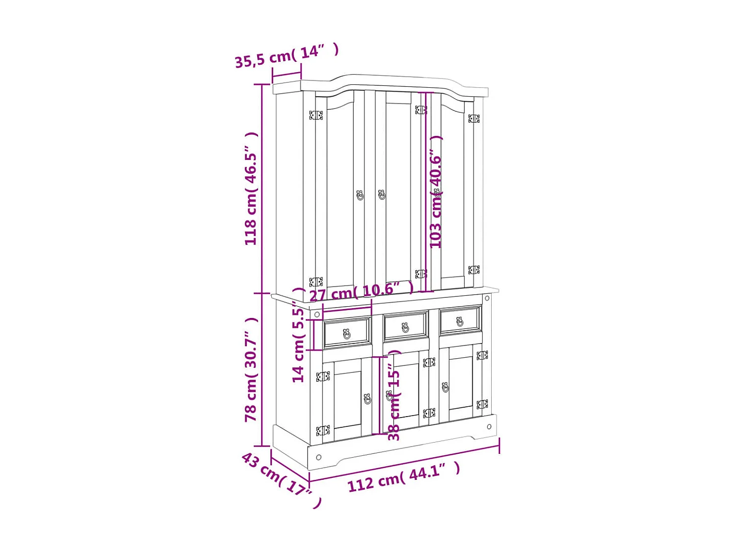 Aparador Corona madera maciza de pino blanco 112x43x196 cm
