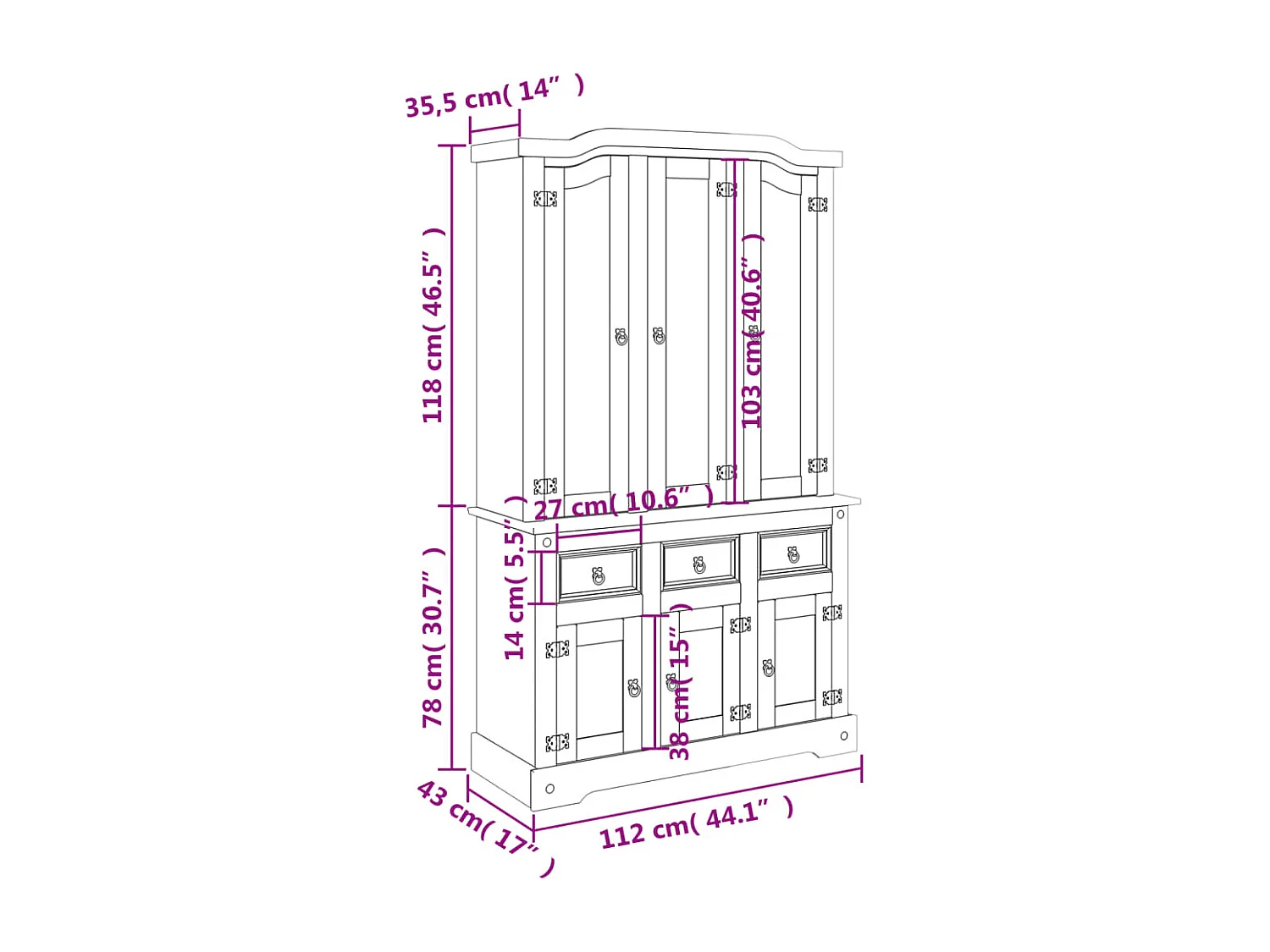 Buffet haut Corona miel 112x43x196 cm bois massif de pin