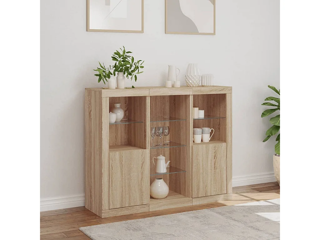 Buffets avec lumières LED 3 pièces chêne sonoma bois d'ingénierie