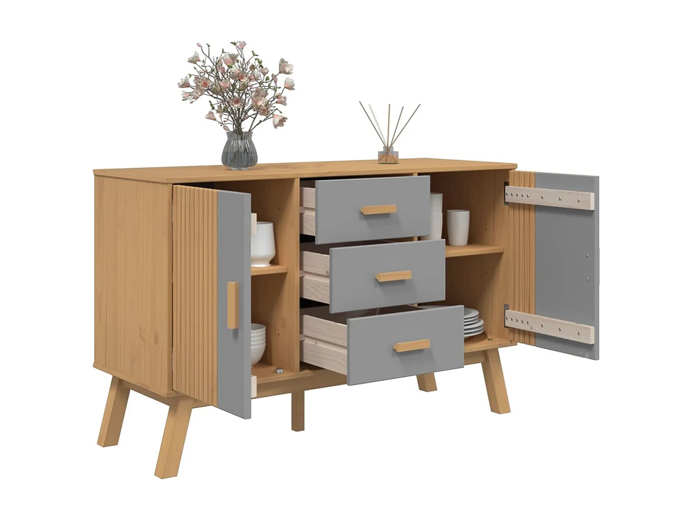 Buffet OLDEN gris et marron 114x43x73,5 cm bois massif de pin