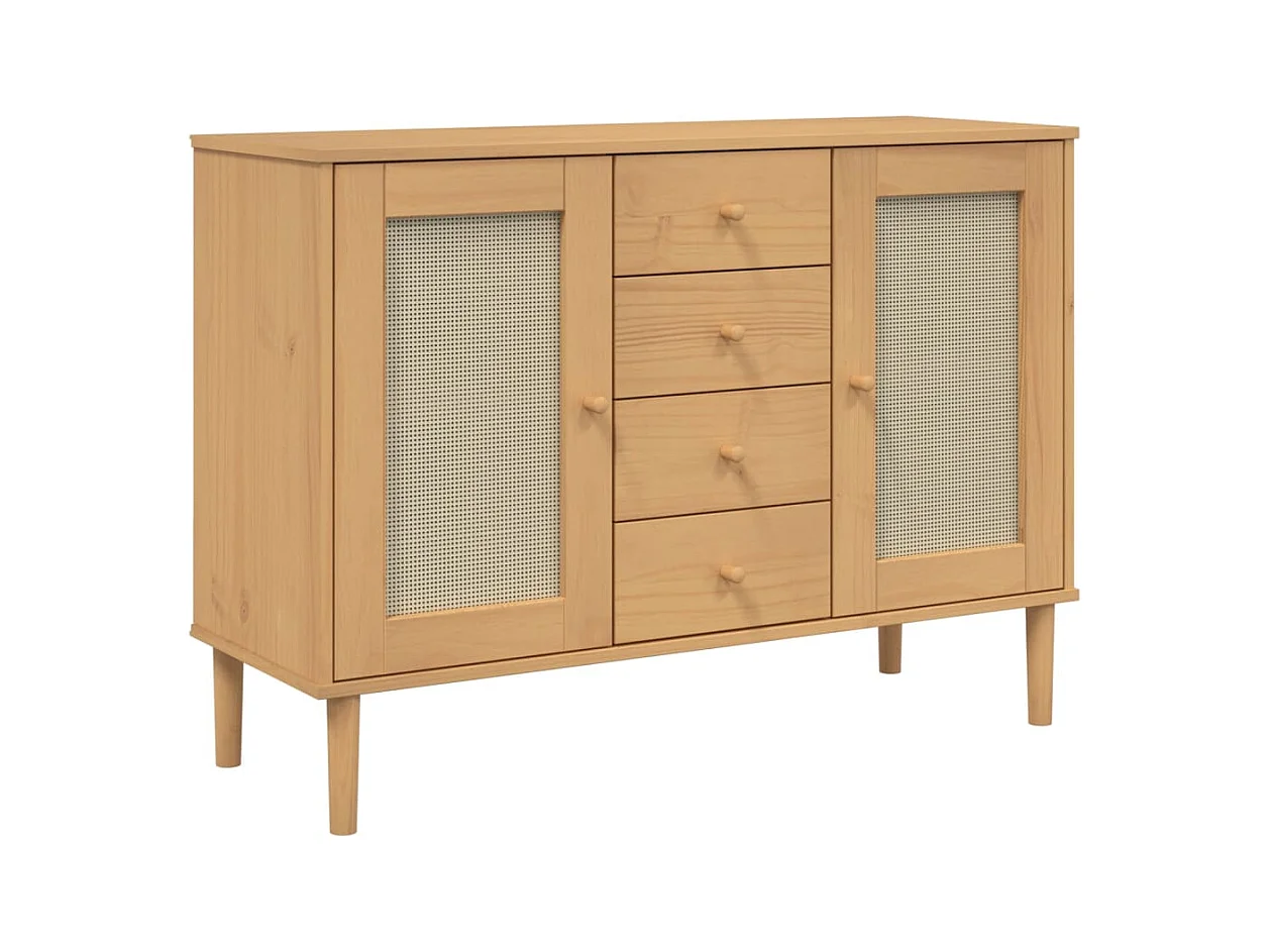 Buffet SENJA aspect rotin marron 112x40x80cm bois massif de pin