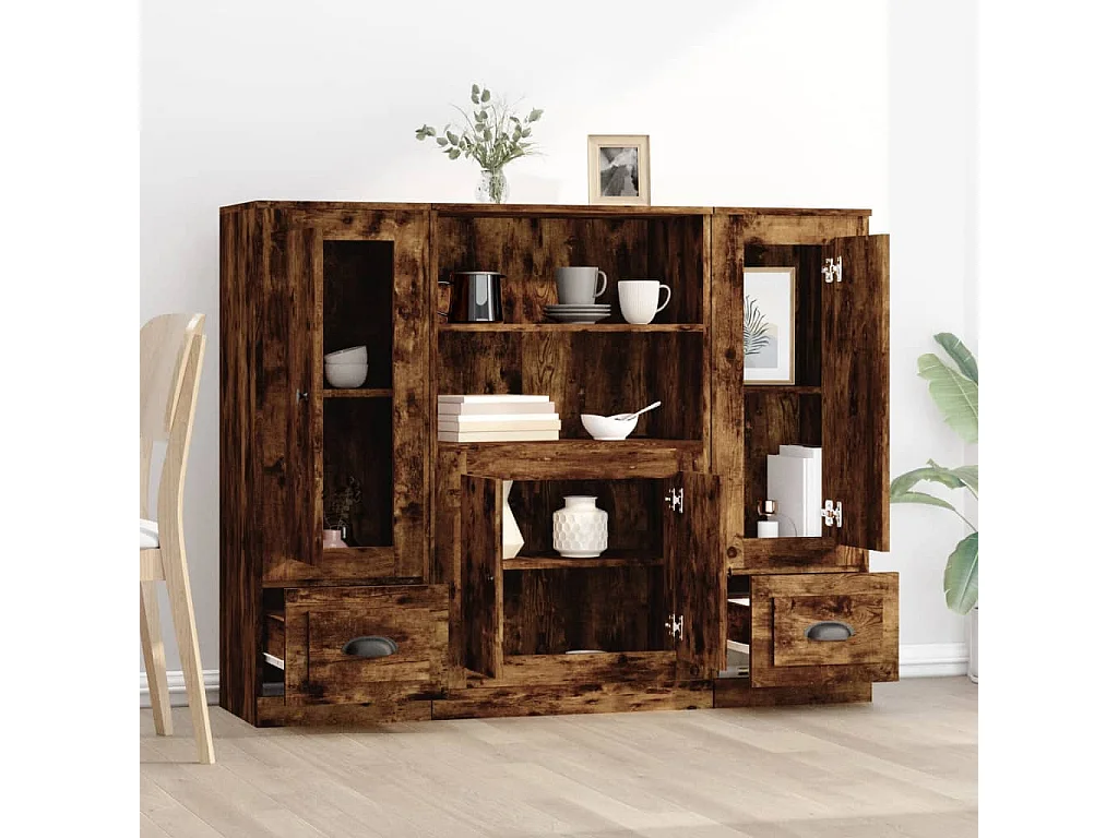 Aparador alto 3 piezas madera contrachapada roble ahumado