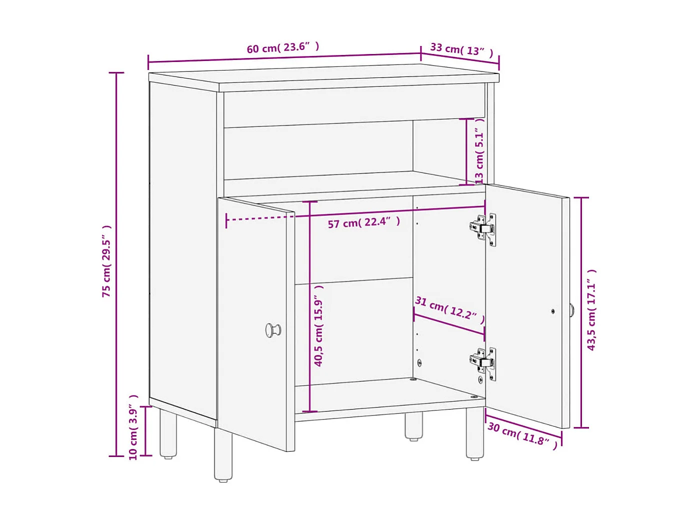 Armoire latérale noir 60x33x75 cm bois massif de manguier