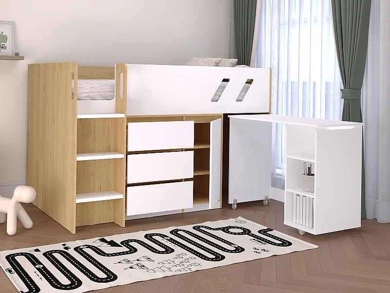 Letto combinato 90 x 190 cm con scrivania e scomparti Naturale e Bianco + Materasso - SAGITI