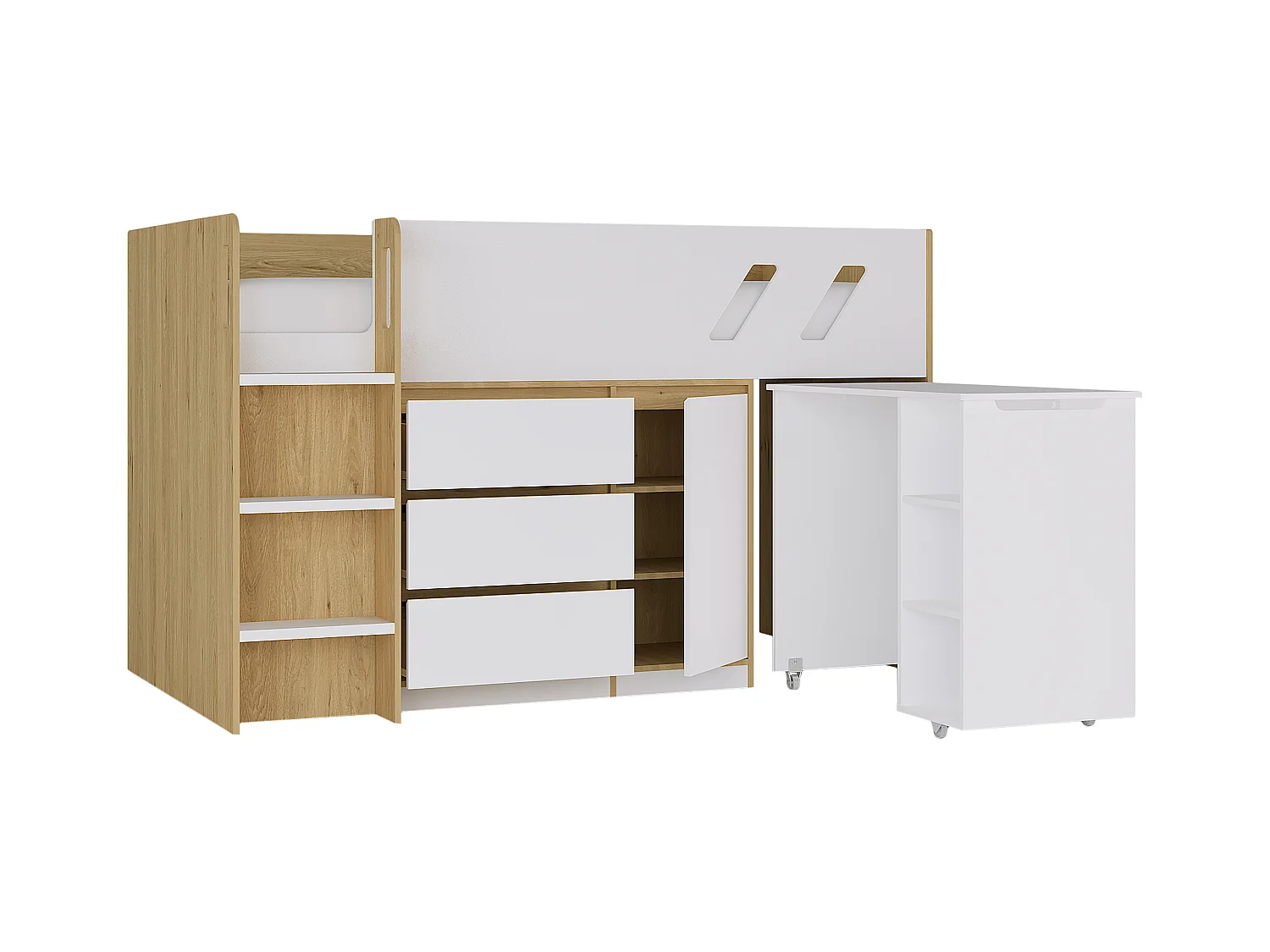 Cama combinada 90 x 190 cm com secretária e espaços de arrumação cor natural e branco + colchão - SAGITI