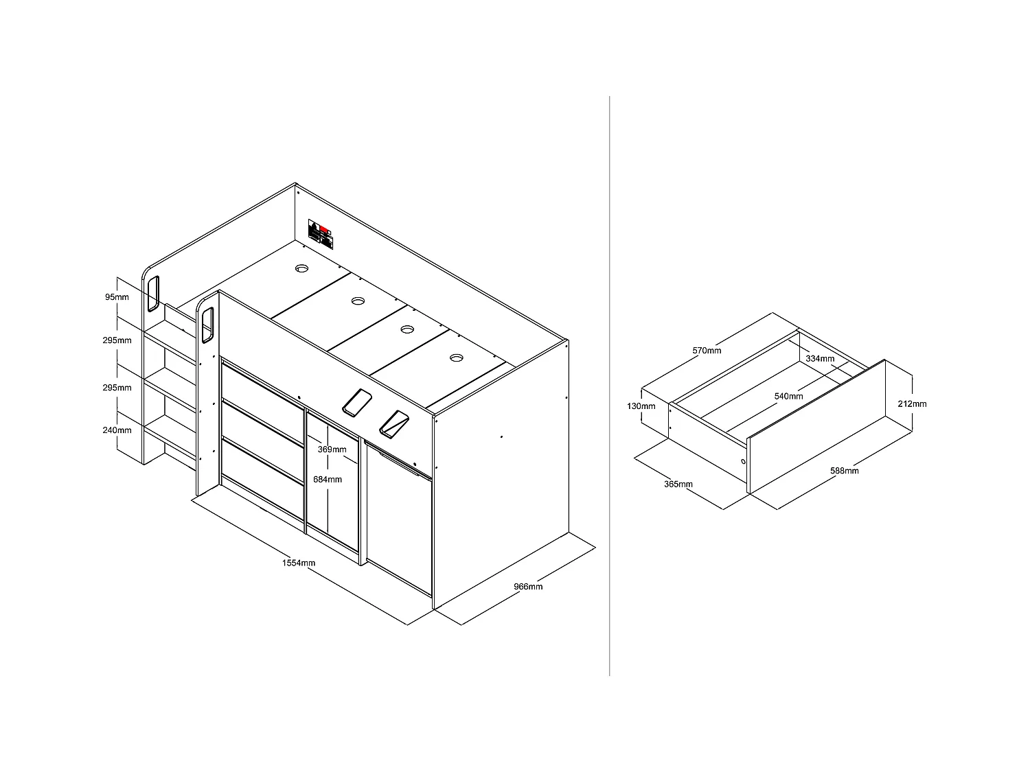 Cama combinada 90 x 190 cm com secretária e espaços de arrumação cor natural e branco + colchão - SAGITI