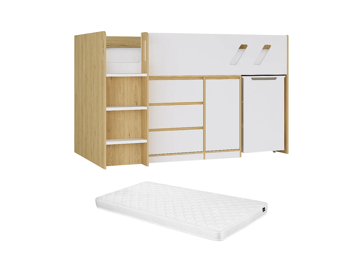 Cama combinada 90 x 190 cm com secretária e espaços de arrumação cor natural e branco + colchão - SAGITI
