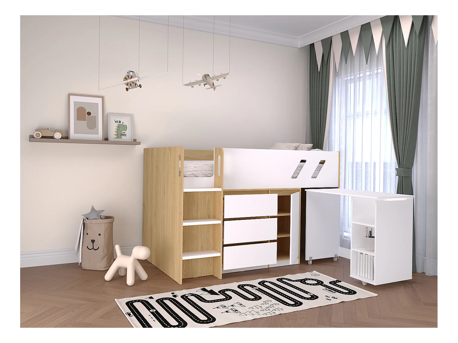 Combinatiebed 90 x 190 cm met bureau en opbergruimte - Kleuren: houtlook en wit + matras - SAGITI