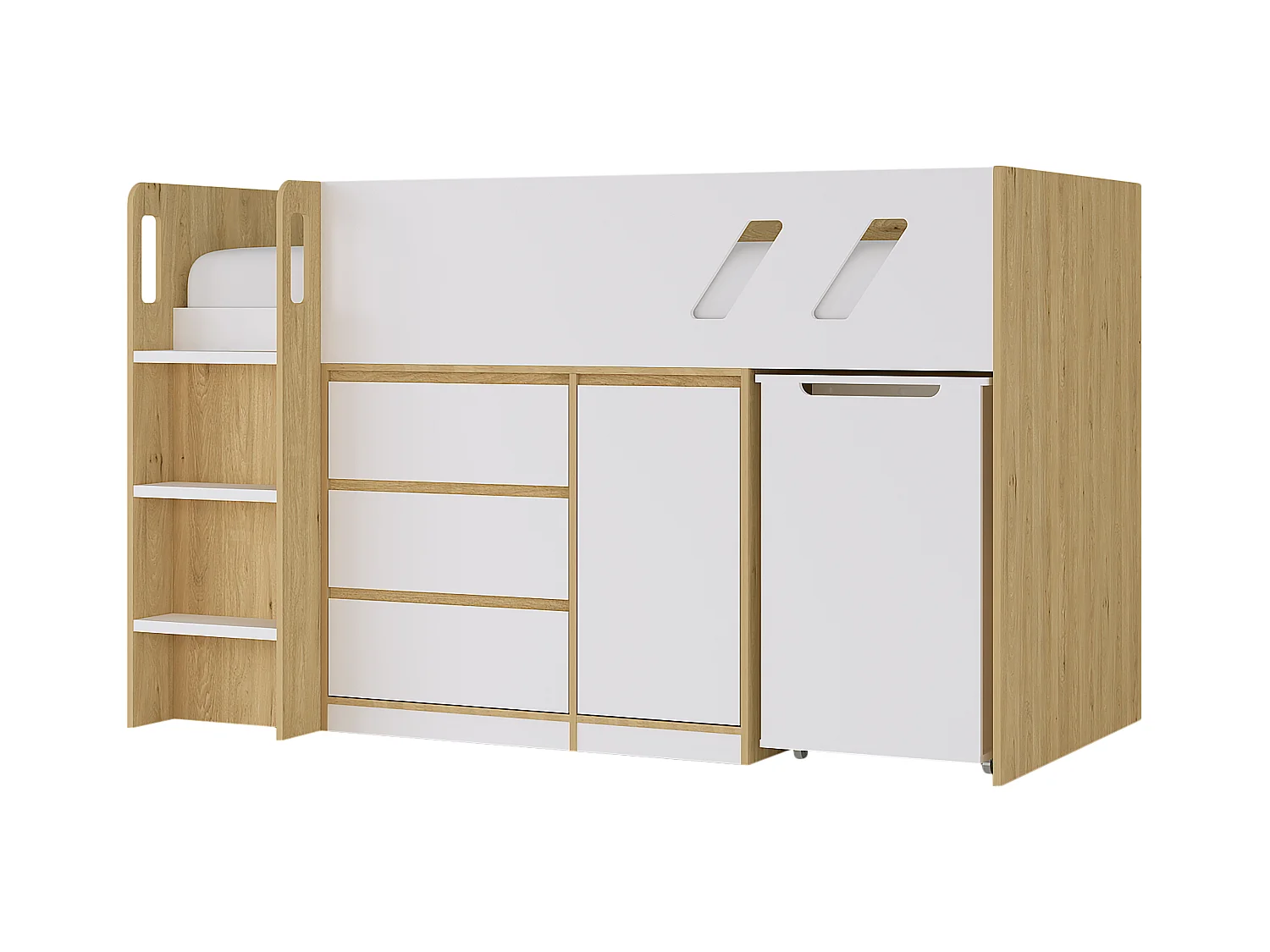 Combinatiebed 90 x 190 cm met bureau en opbergruimte - Kleuren: houtlook en wit + matras - SAGITI