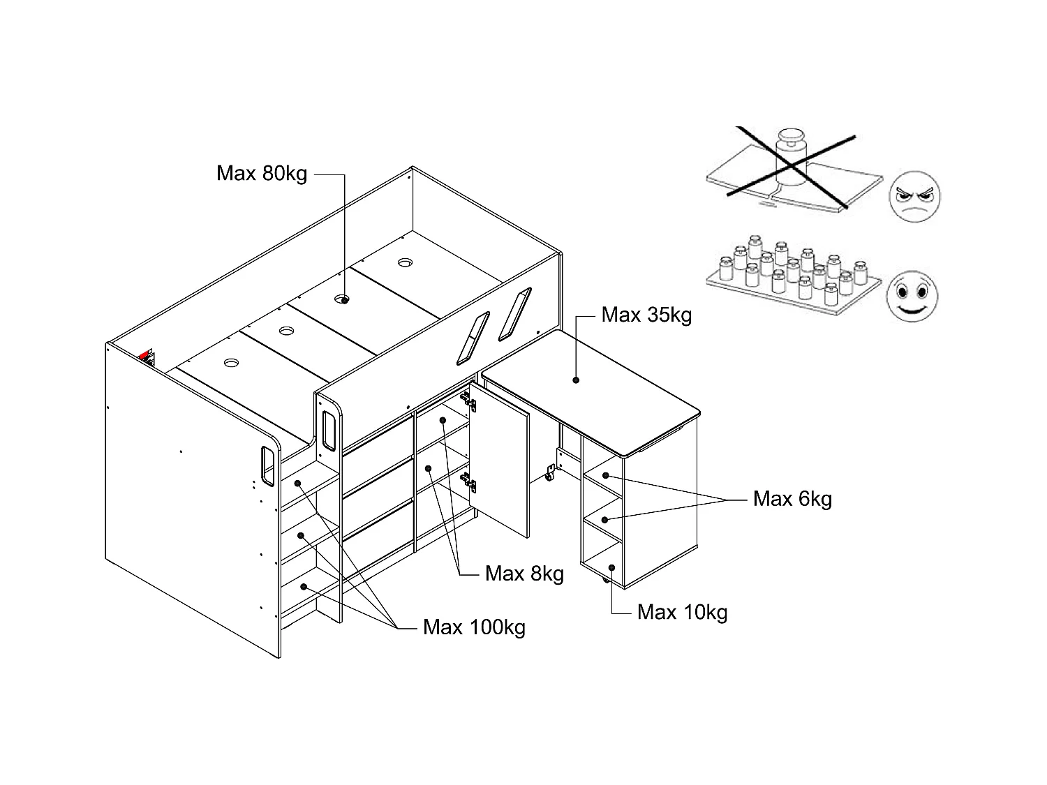 Combinatiebed 90 x 190 cm met bureau en opbergruimte - Kleuren: houtlook en wit + matras - SAGITI