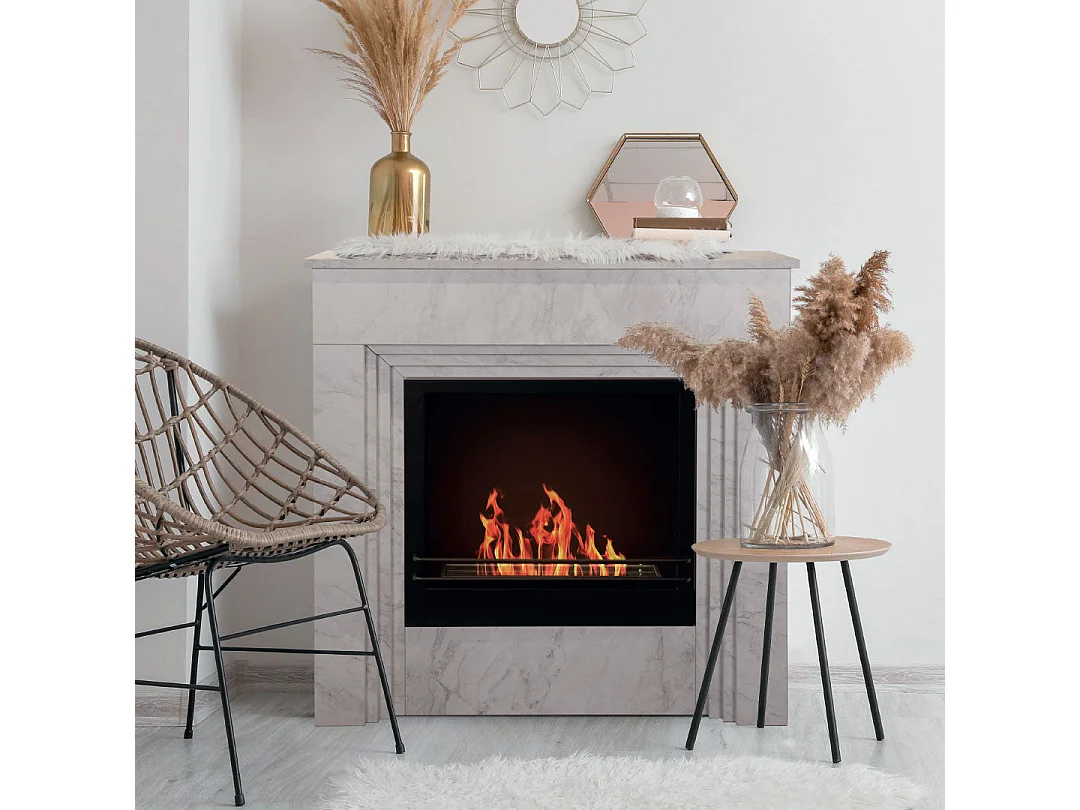 Kamin aus Bioethanol BELLINI in Holzoptik Weißer Marmor - Hergestellt in Italien - L96 x B35 x H96