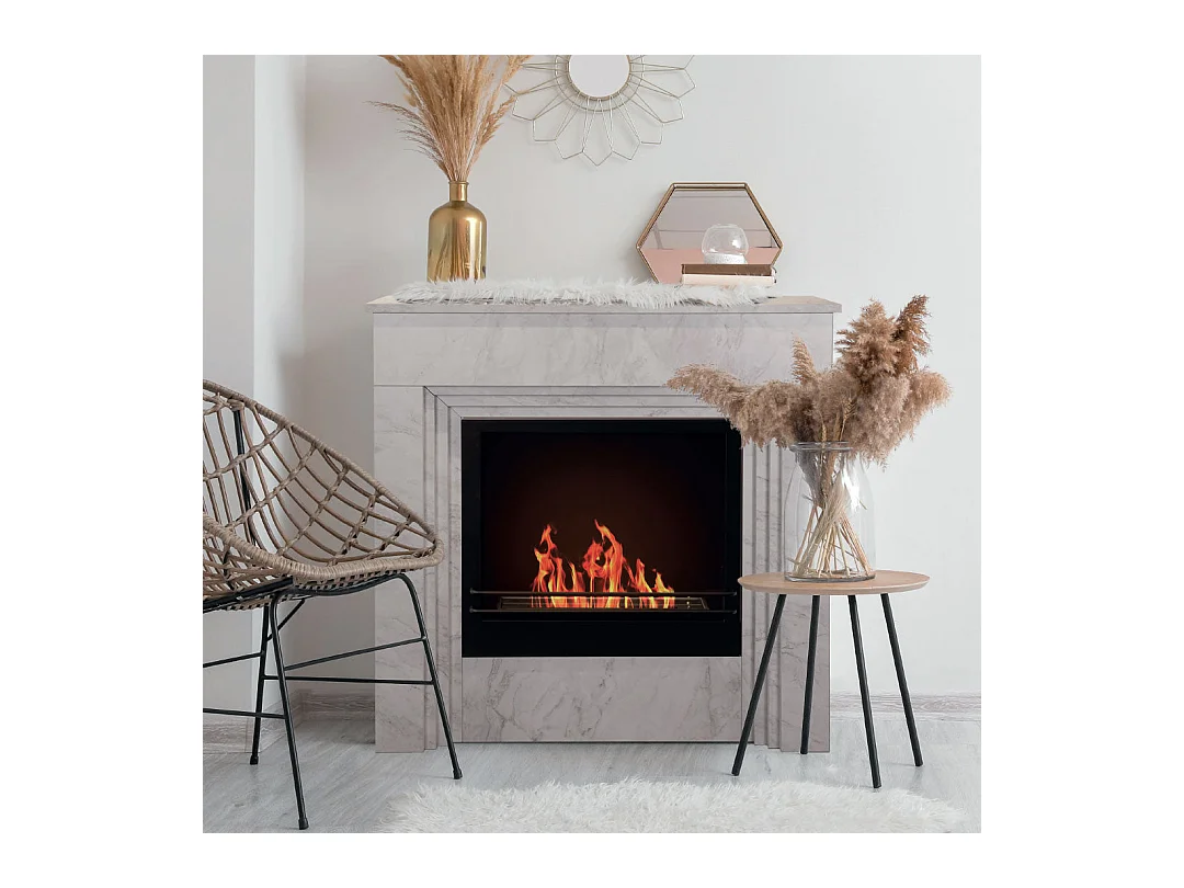 Kamin aus Bioethanol BELLINI in Holzoptik Weißer Marmor - Hergestellt in Italien - L96 x B35 x H96