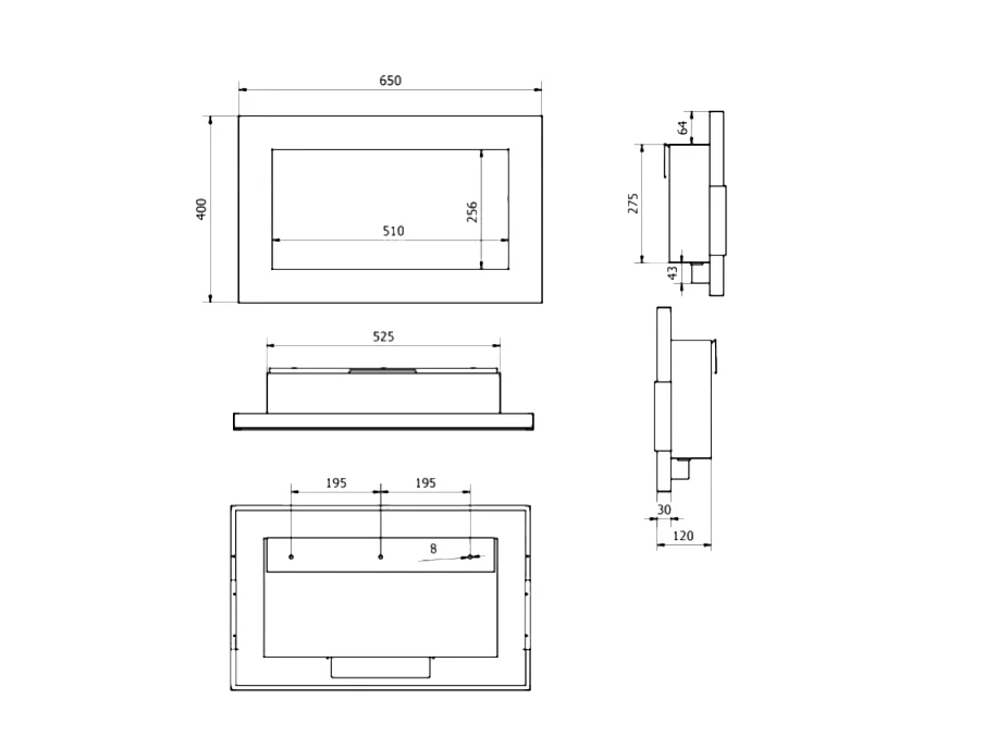Cheminée bioéthanol murale ou encastrable Pisa Nero L 65xP 12xH 40