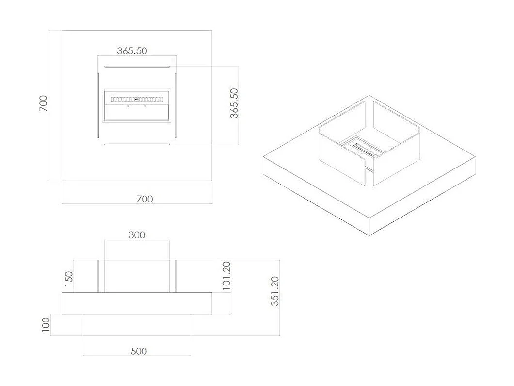 Kominek bioetanolowy Panarea Black 70x70x35 do użytku wewnątrz i na zewnątrz, stojący