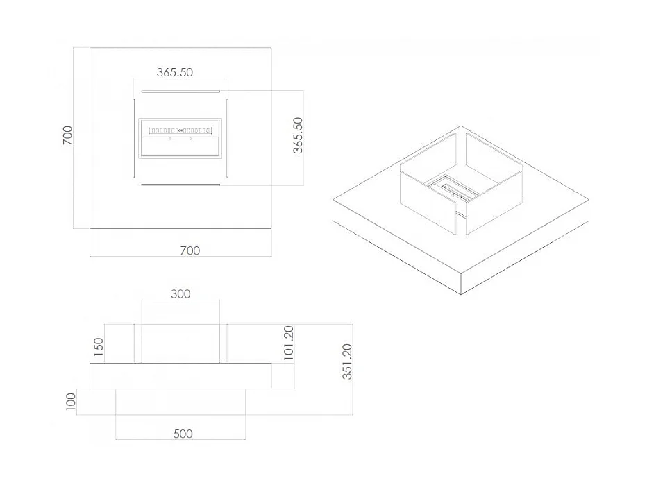 Bodenstehender Bioethanolkamin für drinnen und draußen Panarea Schwarz 70x70x35