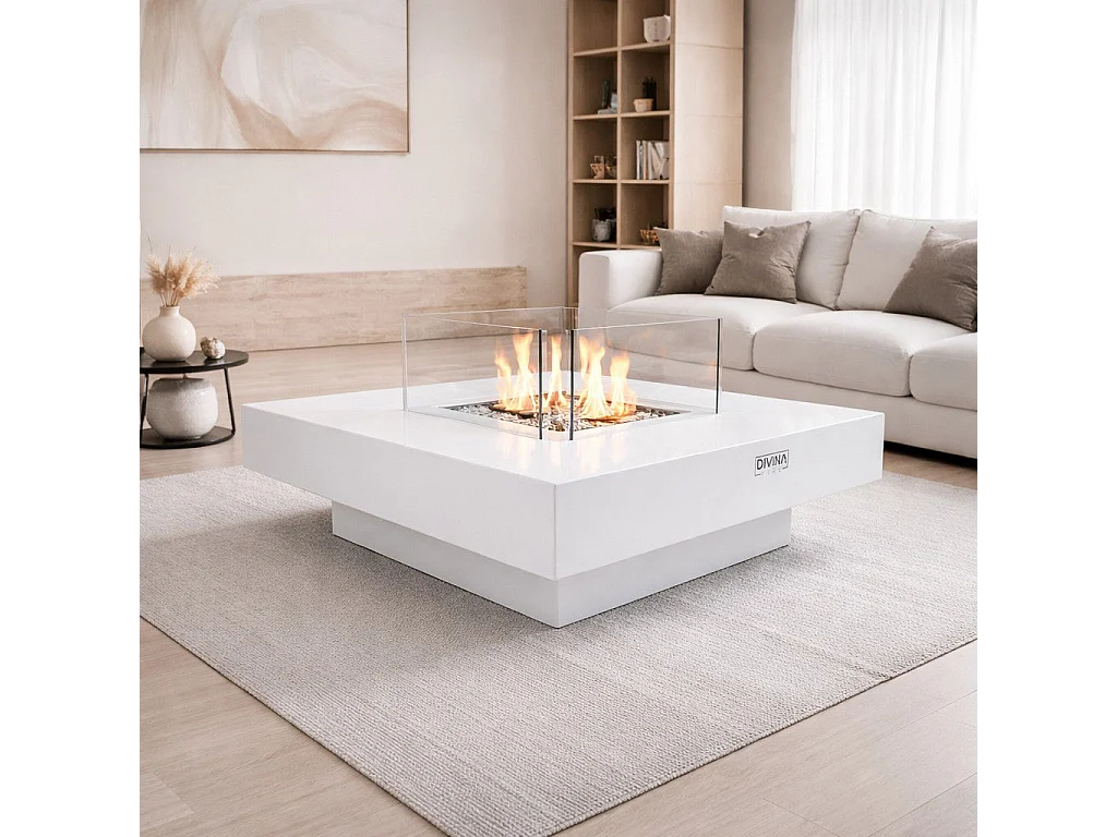 Kominek bioetanolowy stojący Panarea White 70x70x35 do użytku wewnątrz i na zewnątrz