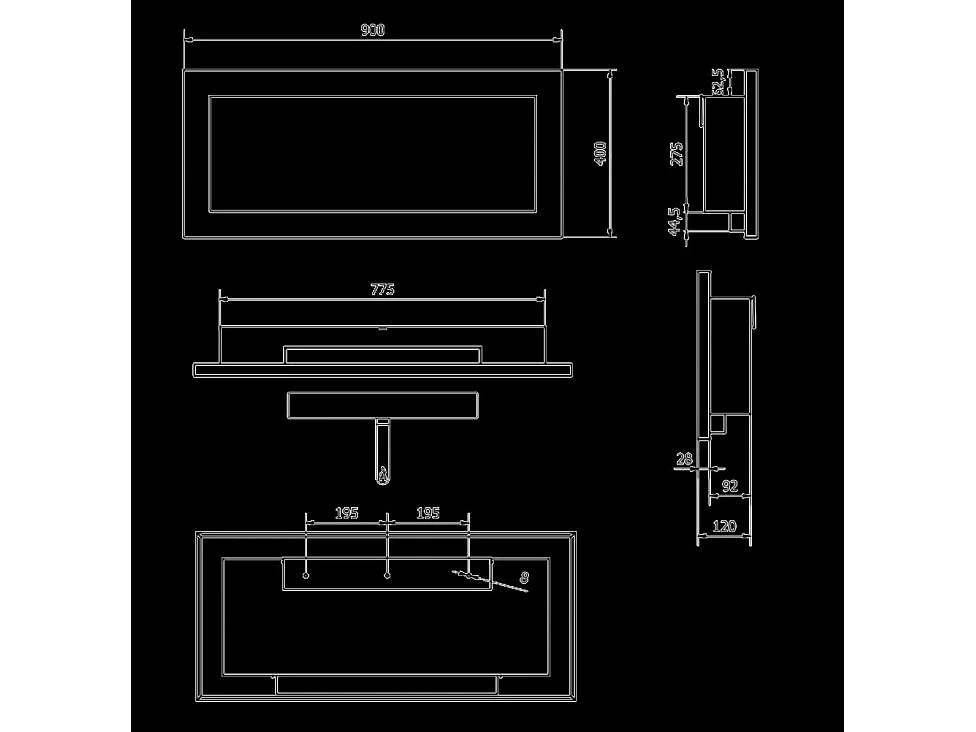 Cheminée bioéthanol murale ou encastrable Lucca Nero L 90xP 12xH 40