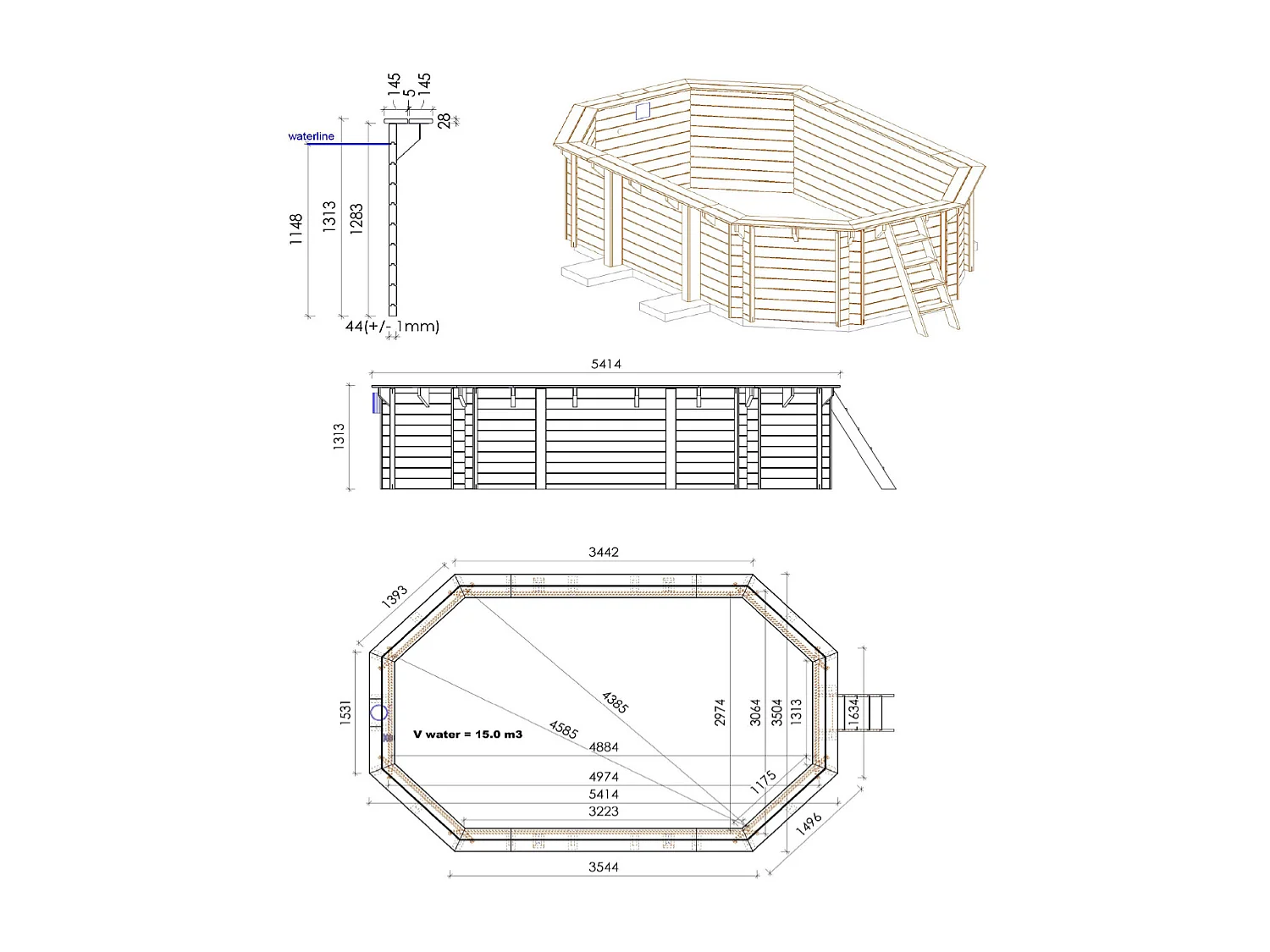 WATERCLIP - Piscine bois octogonale 541 x 350 cm - 12m2 - Autoclave IV - Liner 70/100 - Rainurée languette + Filtration 8m3/h + Echelle - EMEO