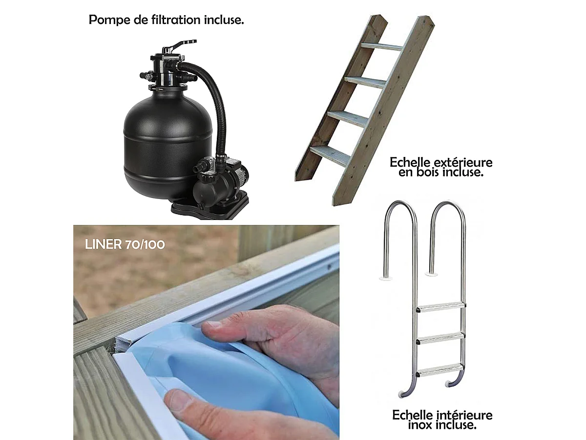 WATERCLIP - Piscine bois octogonale 541 x 350 cm - 12m2 - Autoclave IV - Liner 70/100 - Rainurée languette + Filtration 8m3/h + Echelle - EMEO