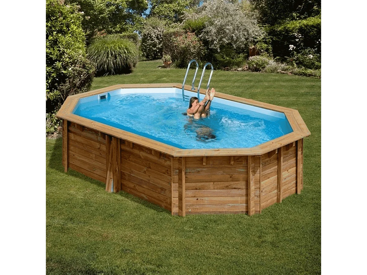 WATERCLIP - Piscine bois octogonale 541 x 350 cm - 12m2 - Autoclave IV - Liner 70/100 - Rainurée languette + Filtration 8m3/h + Echelle - EMEO