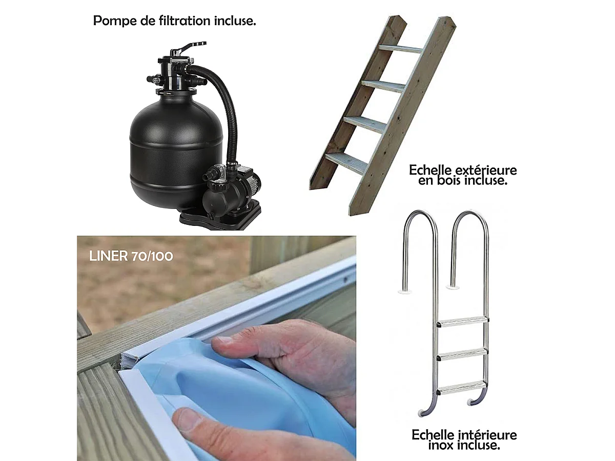 WATERCLIP - Piscine bois octogonale 541 x 350 cm - 12m2 - Autoclave IV - Liner 70/100 - Rainurée languette + Filtration 8m3/h + Echelle - EMEO