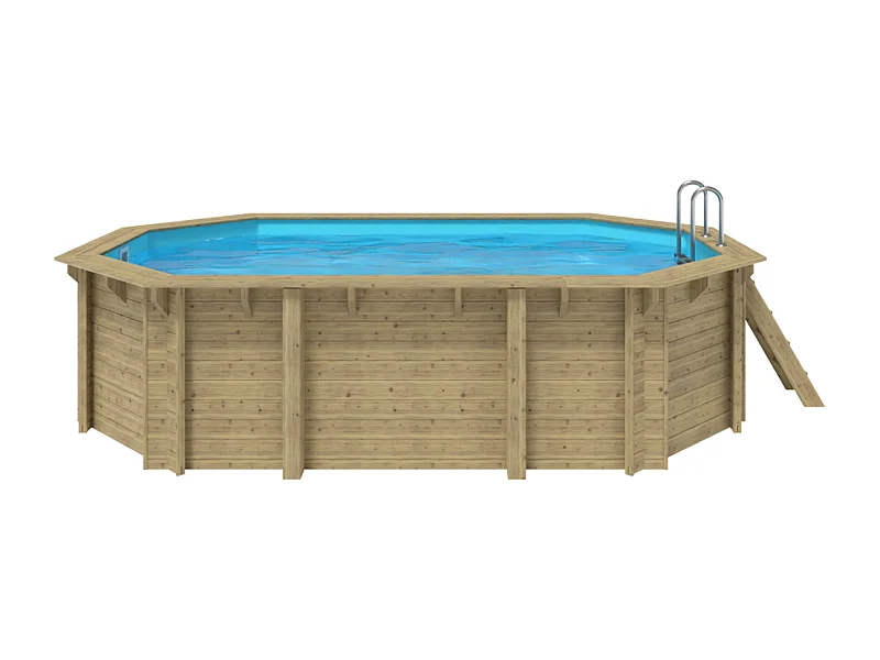 WATERCLIP - Piscine bois octogonale 541 x 350 cm - 12m2 - Autoclave IV - Liner 70/100 - Rainurée languette + Filtration 8m3/h + Echelle - EMEO
