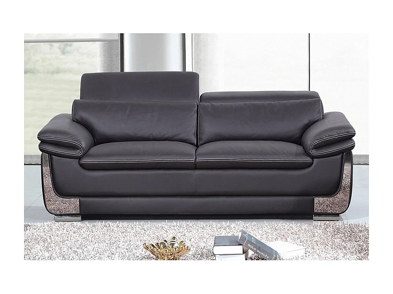 Canapé 2 places en cuir luxe ITALINA, noir avec surpiqure blanche