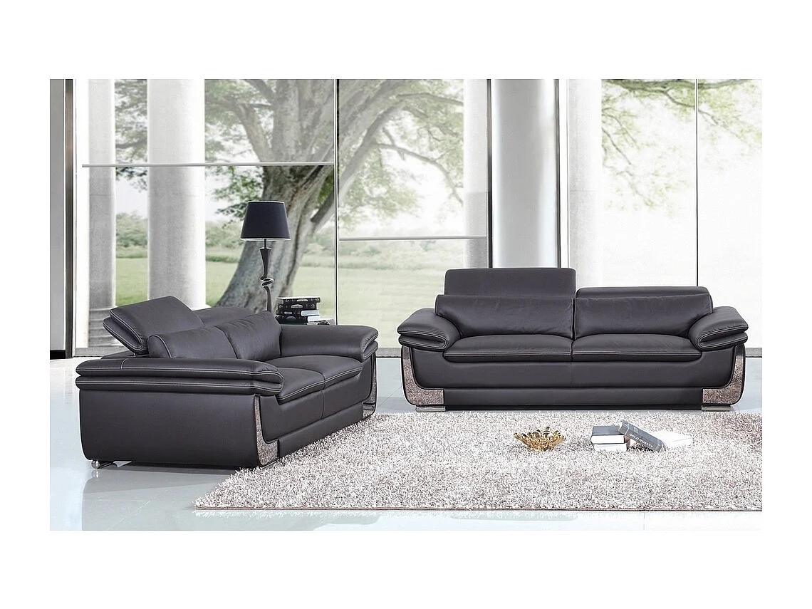 Canapé 2 places en cuir luxe ITALINA, noir avec surpiqure blanche