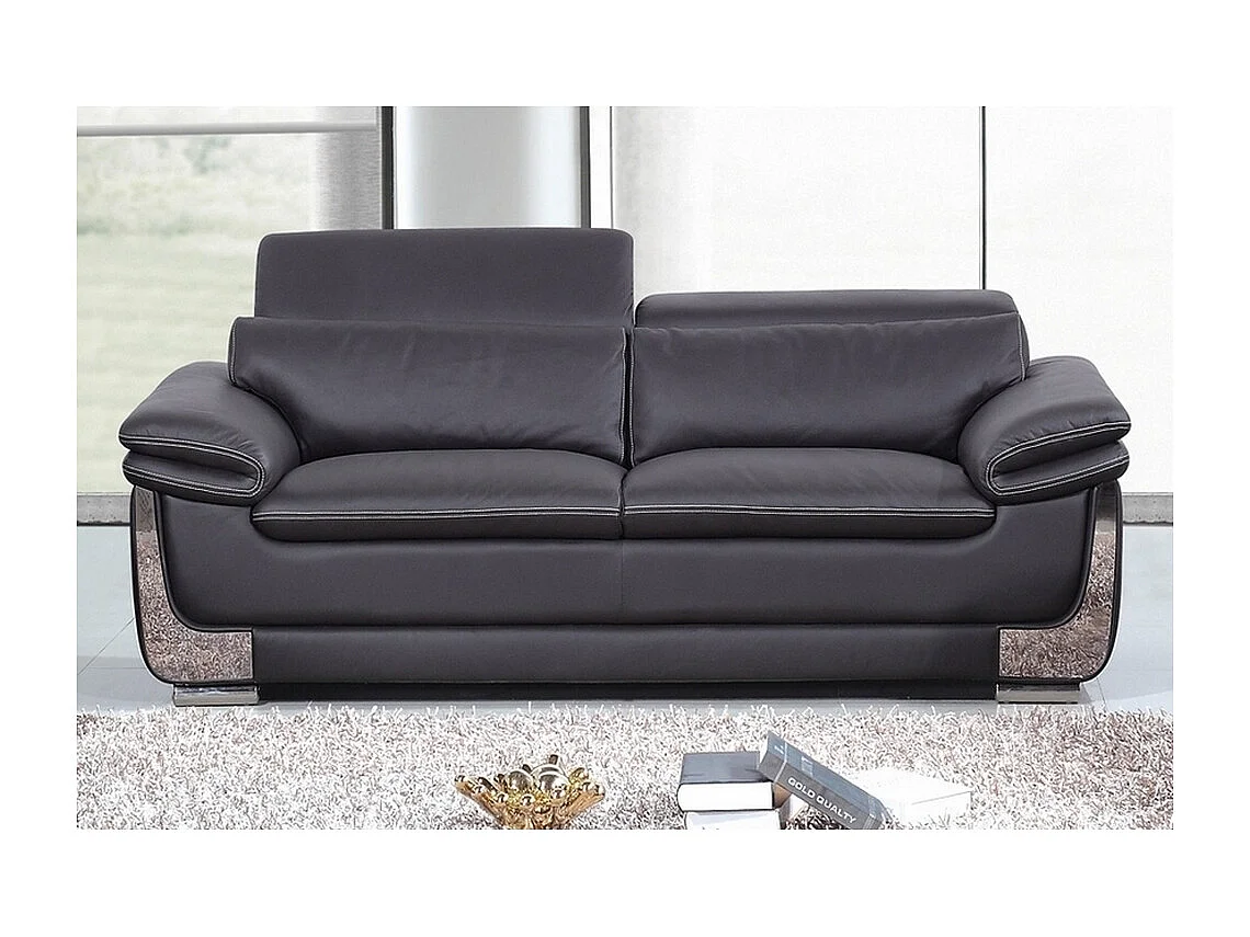 Canapé 2 places en cuir luxe ITALINA, noir avec surpiqure blanche