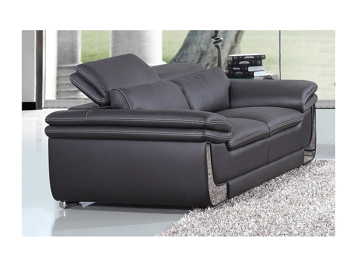 Canapé 2 places en cuir luxe ITALINA, noir avec surpiqure blanche