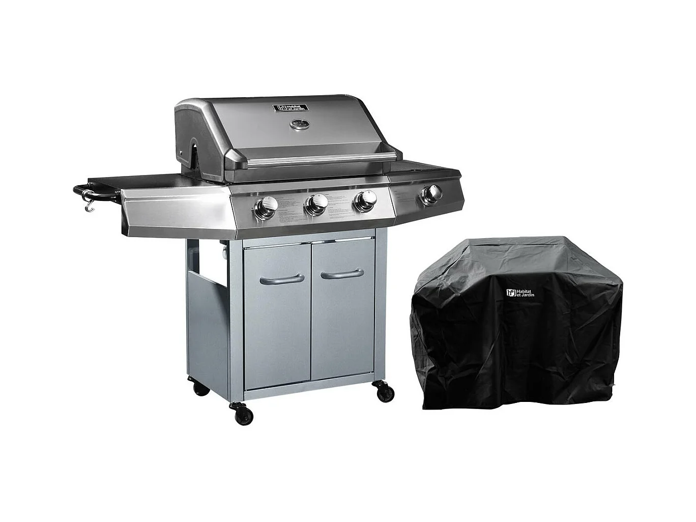 Barbecue Gaz avec LED "Bingo 4" - 4 brûleurs dont 1 latéral - 14kW + Housse protection - Argenté