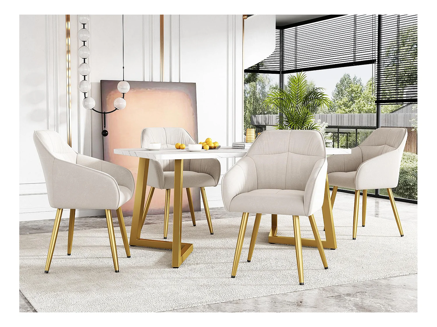 Lot de 4 Chaises en velours avec accoudoirs - pieds réglables - Beige & Doré