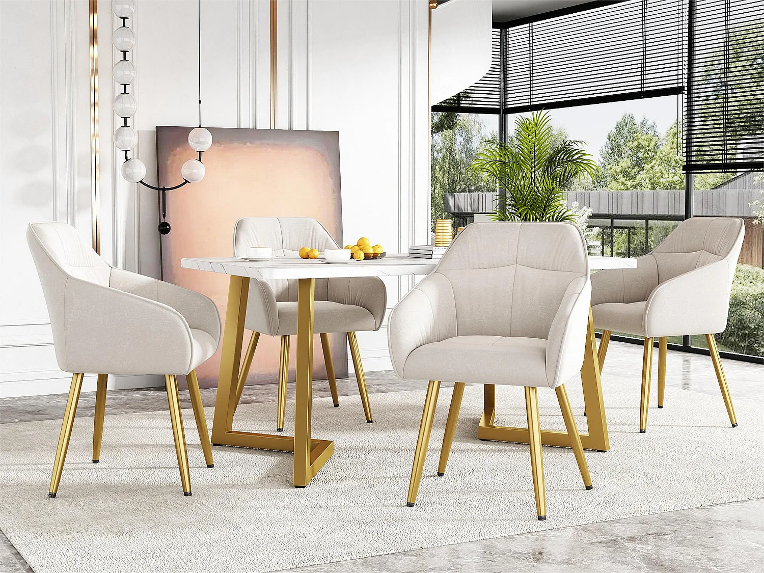 Lot de 4 Chaises en velours avec accoudoirs - pieds réglables - Beige & Doré
