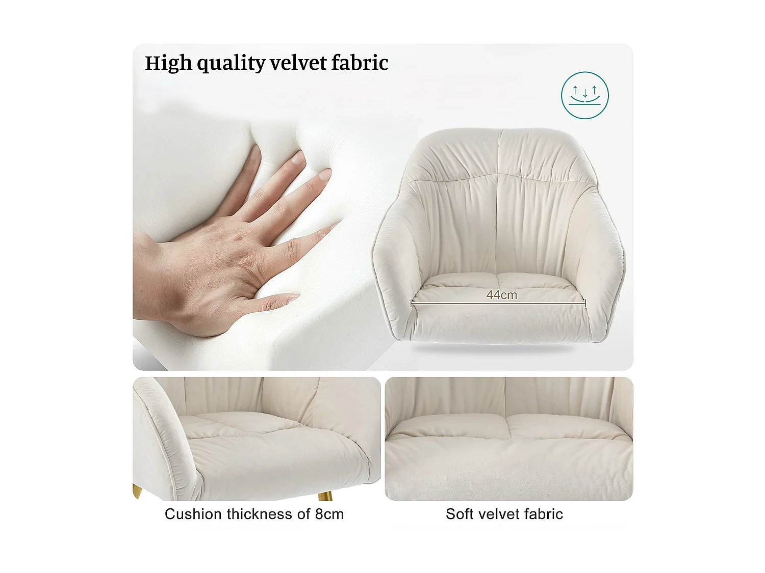 Lot de 4 Chaises en velours avec accoudoirs - pieds réglables - Beige & Doré