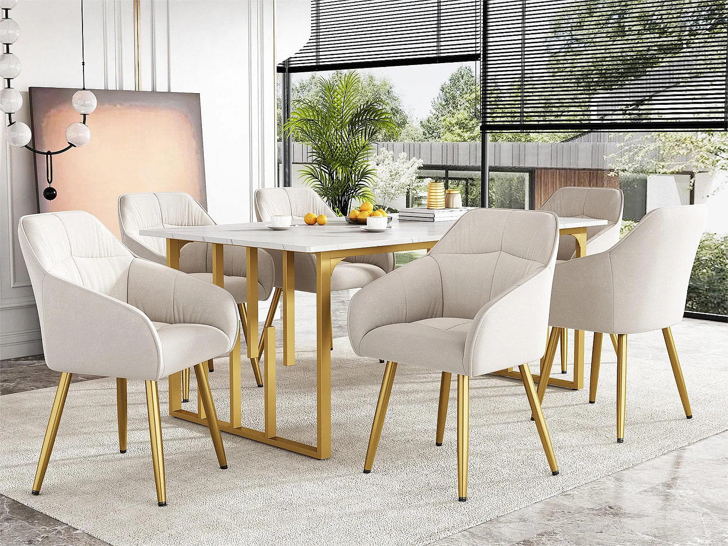 Set van 6 Fluwelen stoelen met armleuningen - verstelbare poten - Beige & Goud