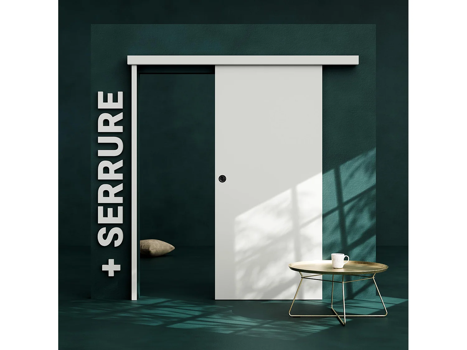 Porte Coulissante avec Rail + Serrure - Prépeinte Plane 93 cm