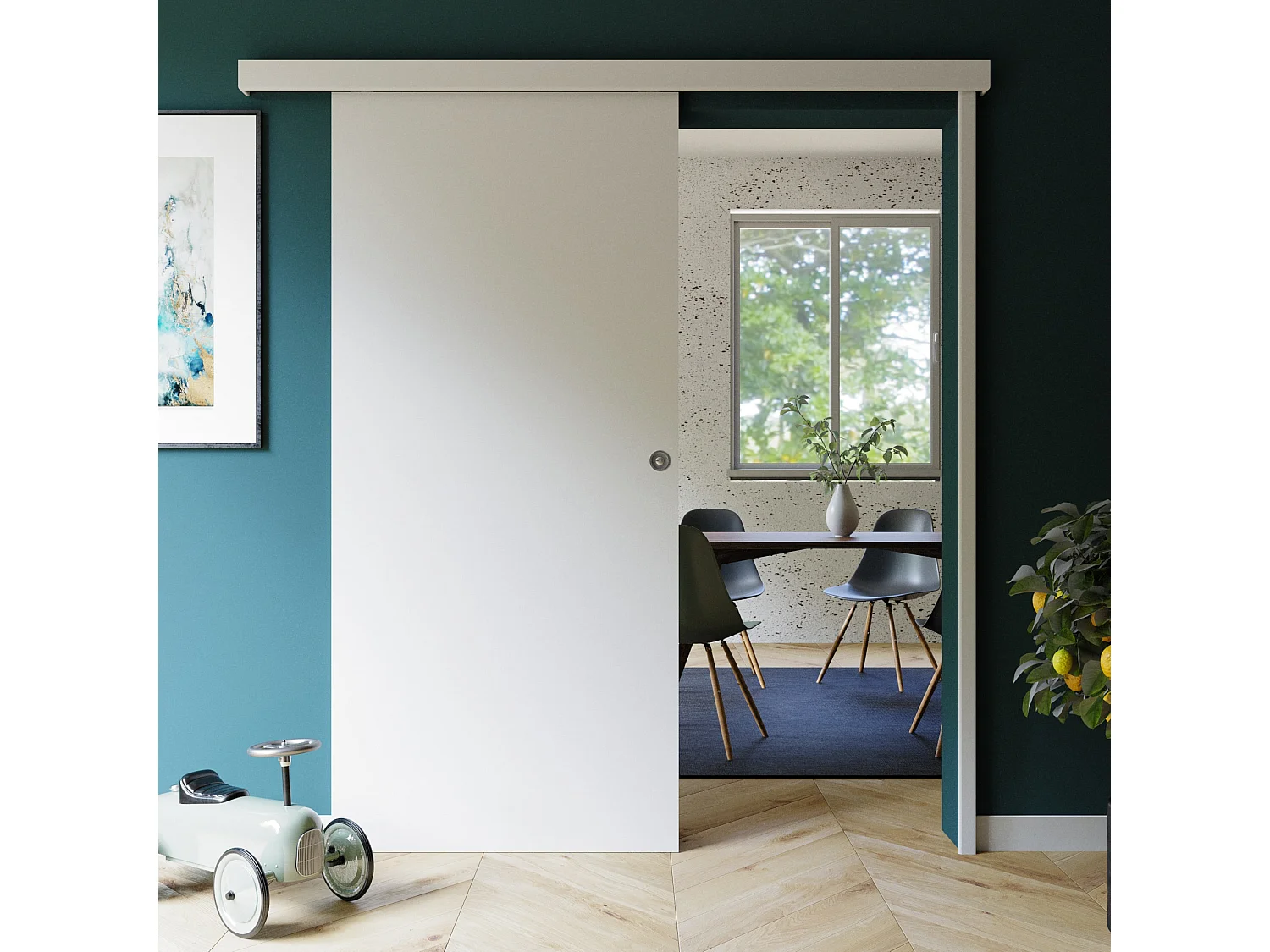 Porte Coulissante avec Rail + Serrure - Prépeinte Plane 93 cm