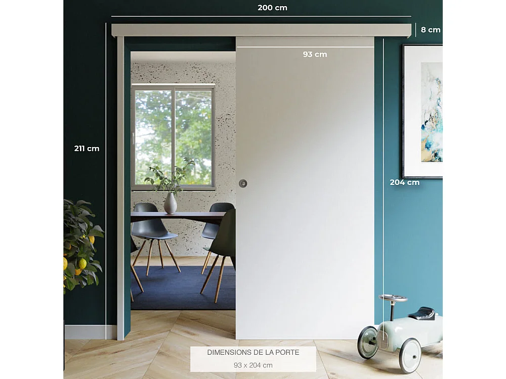 Porte Coulissante avec Rail + Serrure - Prépeinte Plane 93 cm