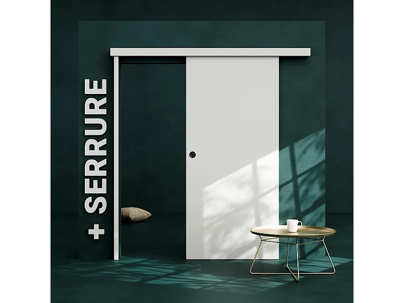 Porte Coulissante avec Rail + Serrure - Prépeinte Plane 93 cm