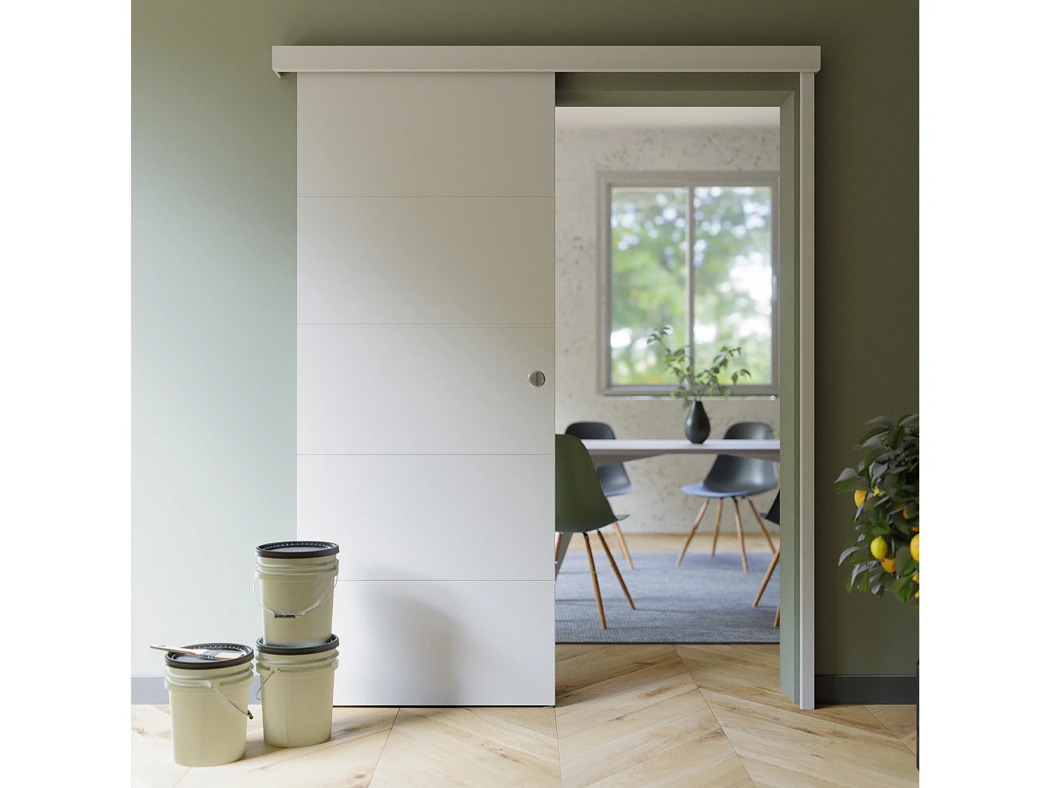 Porte Coulissante avec Rail - Prépeinte Ligne 83 cm - Avec butée