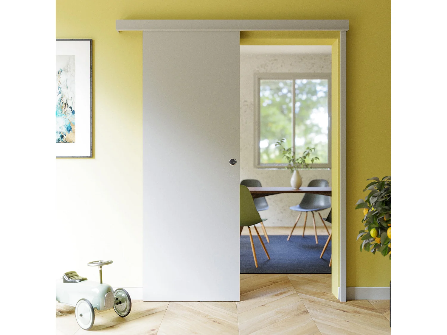 Porte Coulissante avec Rail - Prépeinte Plane 73 cm - Avec butée