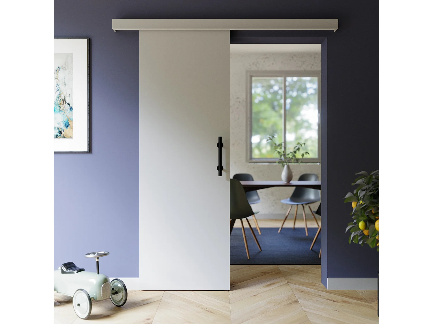 Porte Coulissante avec Rail + Poignée Verticale - Laquée Blanche 73 cm