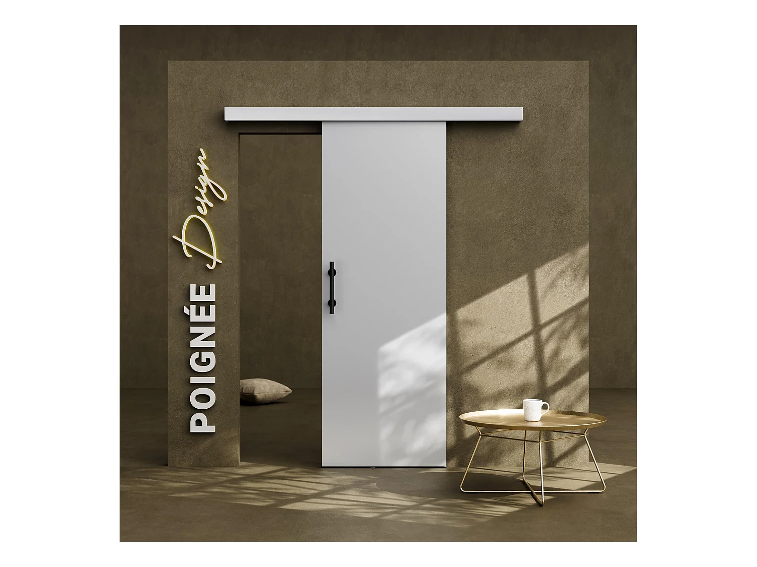 Porte Coulissante avec Rail + Poignée Verticale - Laquée Blanche 73 cm