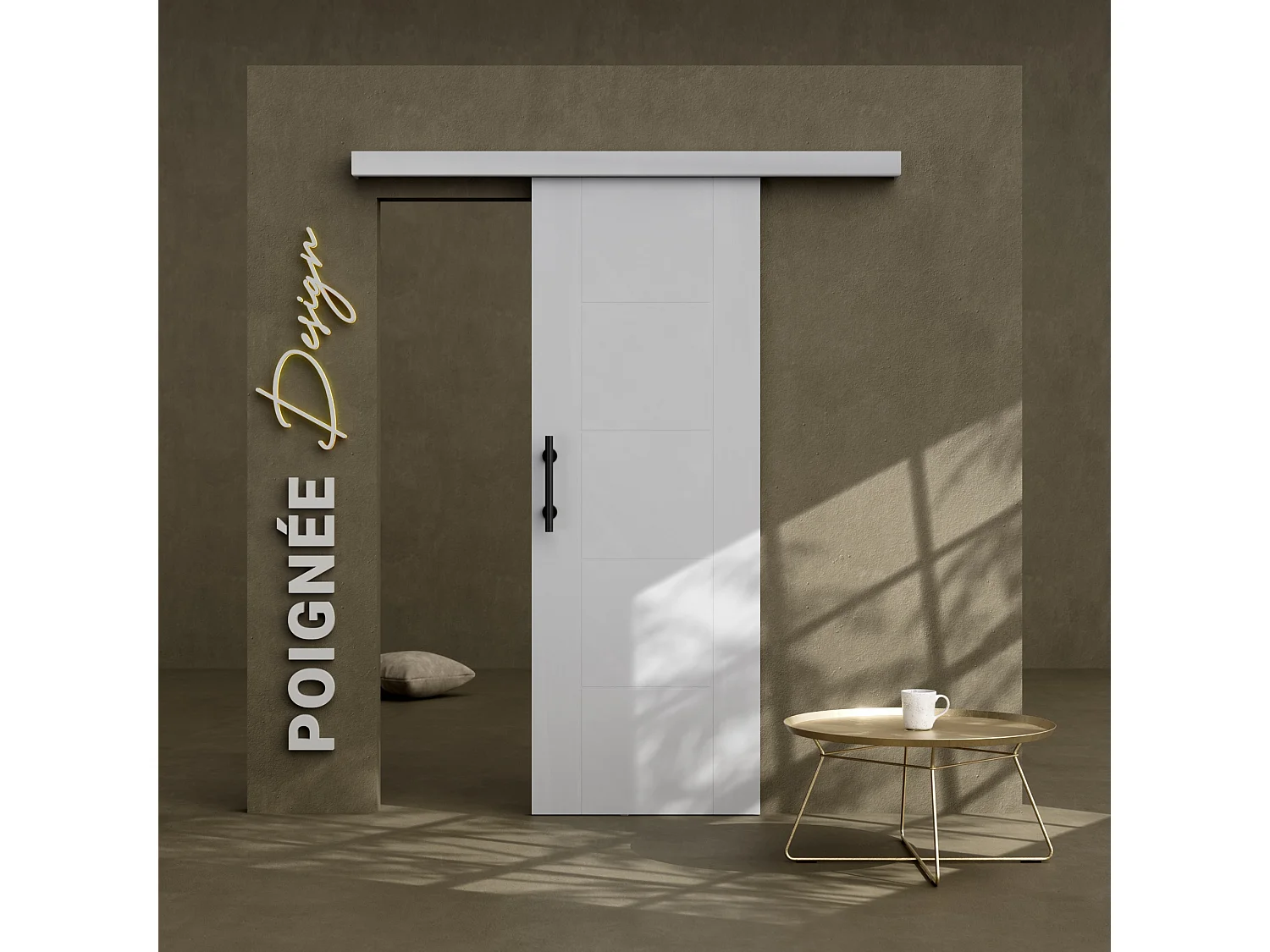 Porte Coulissante avec Rail + Poignée Verticale - Laquée Damier 73 cm