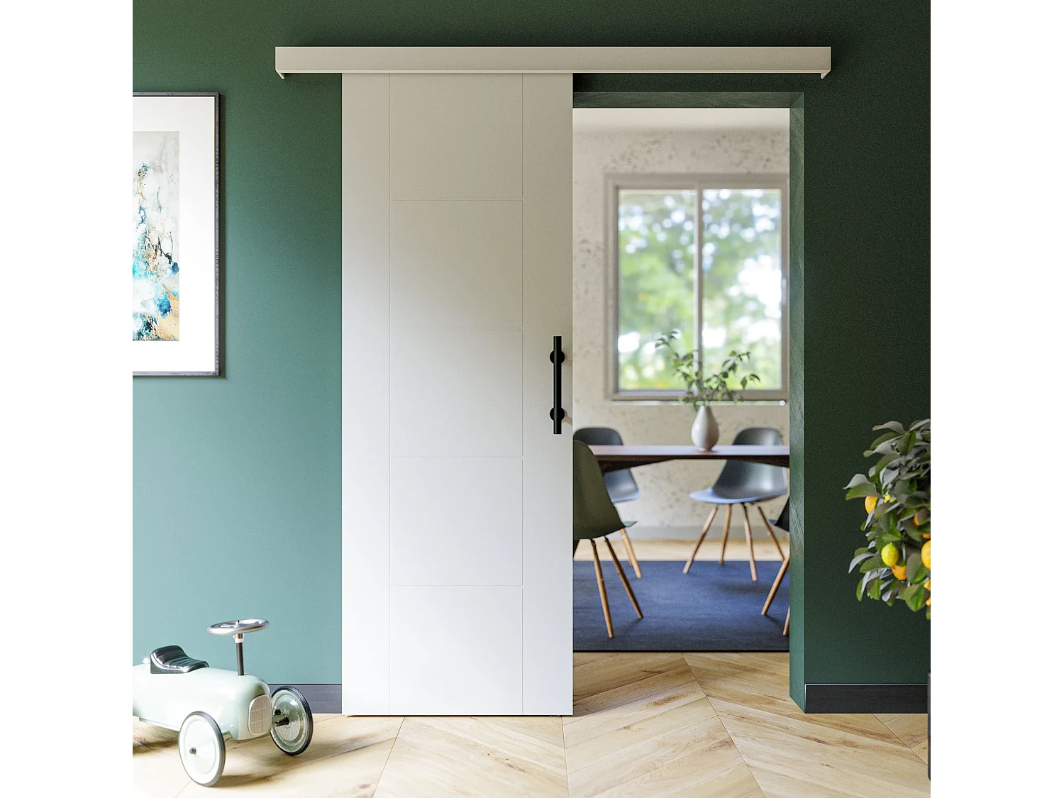 Porte Coulissante avec Rail + Poignée Verticale - Laquée Damier 73 cm