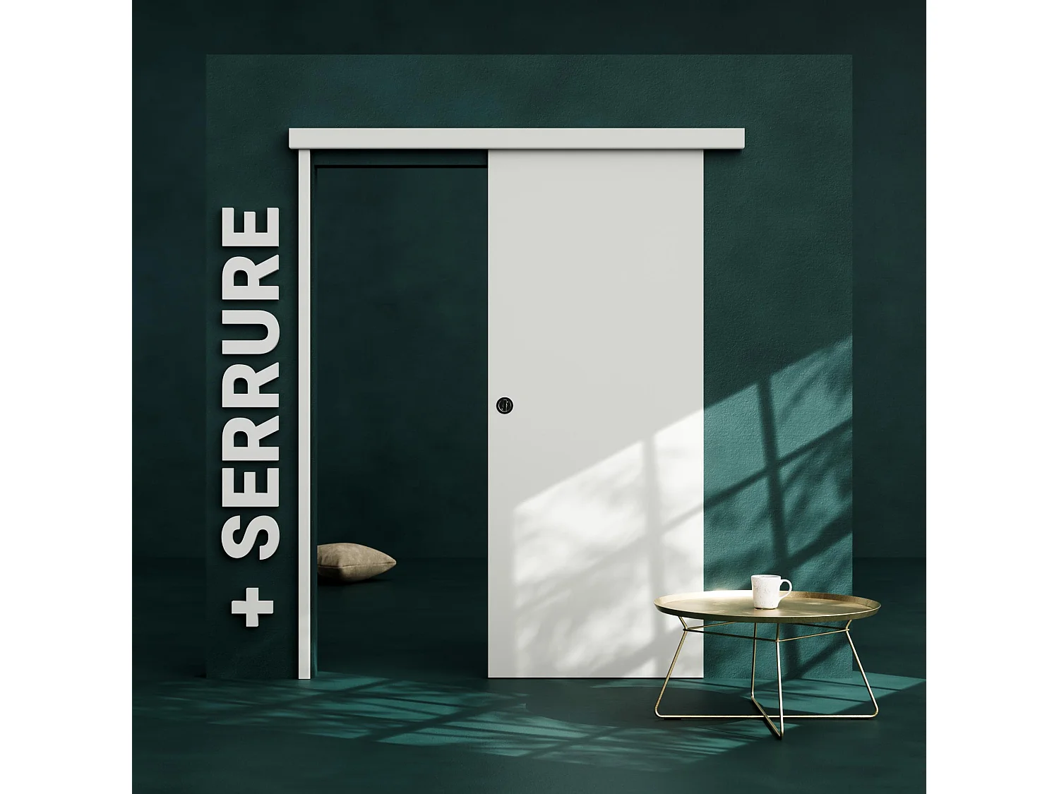 Porte Coulissante avec Rail + Serrure - Prépeinte Plane 83 cm